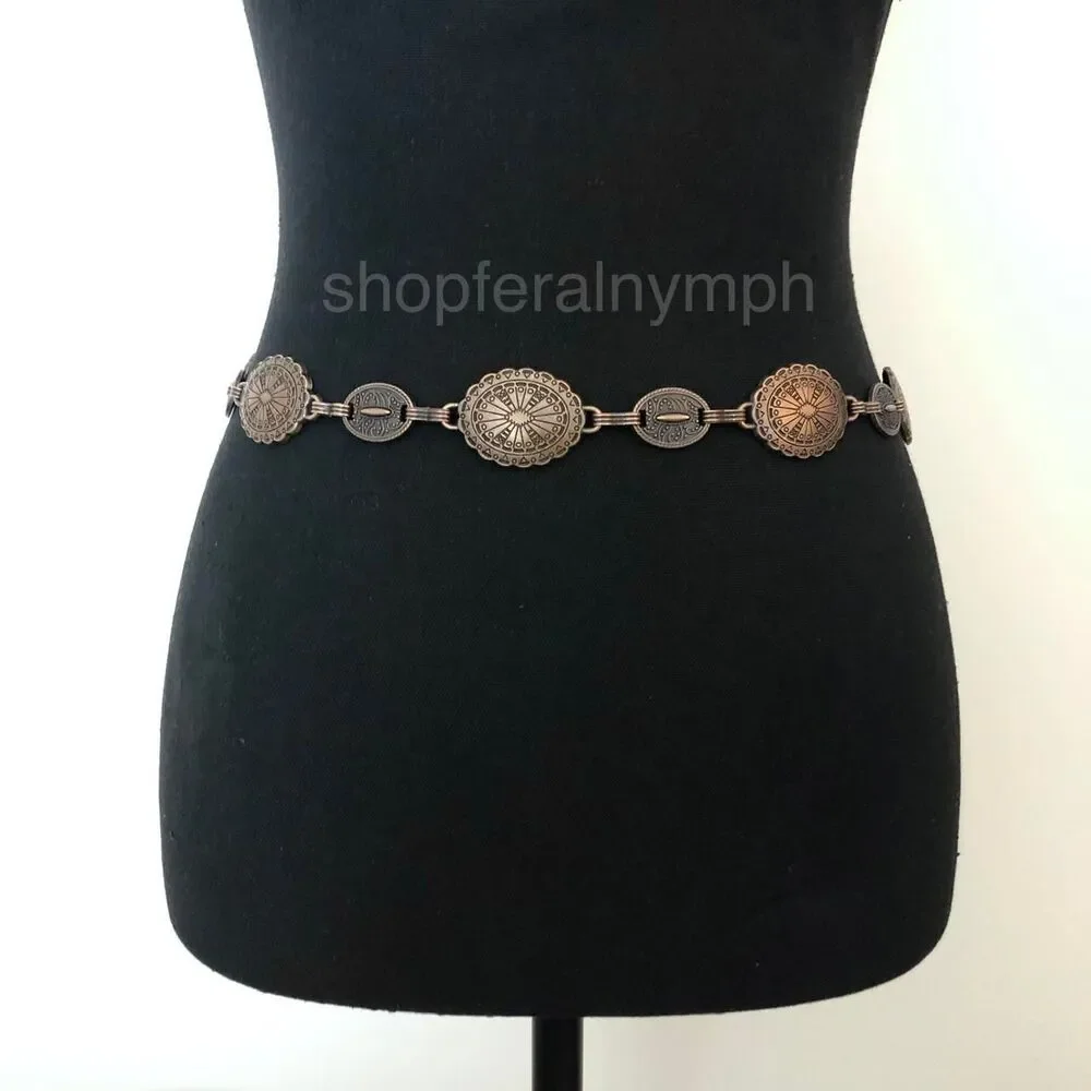 Y2K Boho Antique Bronze Medallion Chain Belt, Fits 22–37.5 Inches, X7GA1174